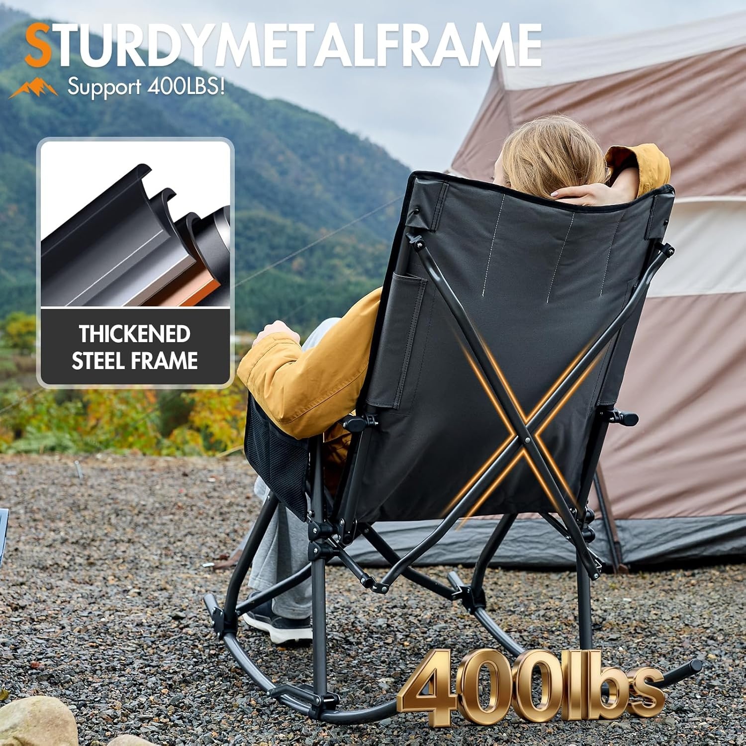 image:imagePortal Oversized Folding Rocking Camping Chair Portable Outdoor Rocker with High Back Hard Armrests Carry Bag Supports 400 lbs2 PackgreyBlack