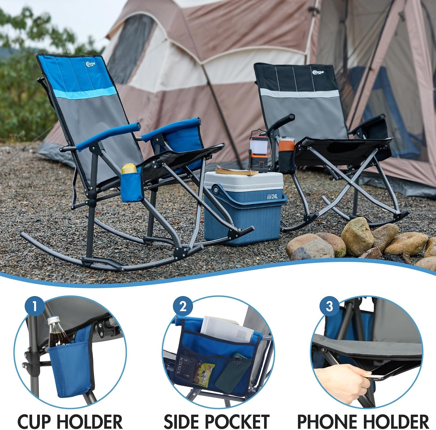 image:imagePortal Oversized Folding Rocking Camping Chair Portable Outdoor Rocker with High Back Hard Armrests Carry Bag Supports 400 lbs2 PackgreyBlue