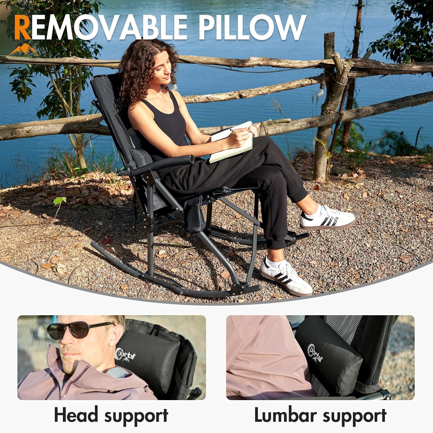 image:imagePortal Oversized Folding Rocking Camping Chair Portable Outdoor Rocker with High Back Hard Armrests Carry Bag Supports 400 lbsBlack Grey