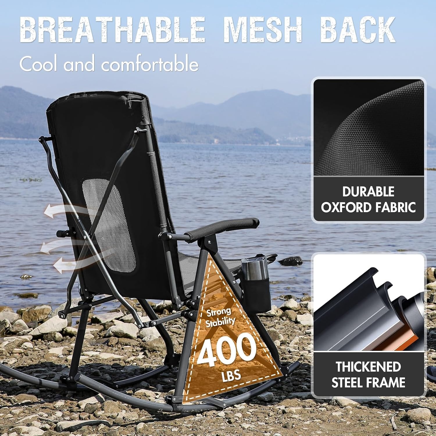 image:imagePortal Oversized Folding Rocking Camping Chair Portable Outdoor Rocker with High Back Hard Armrests Carry Bag Supports 400 lbsBlack Grey