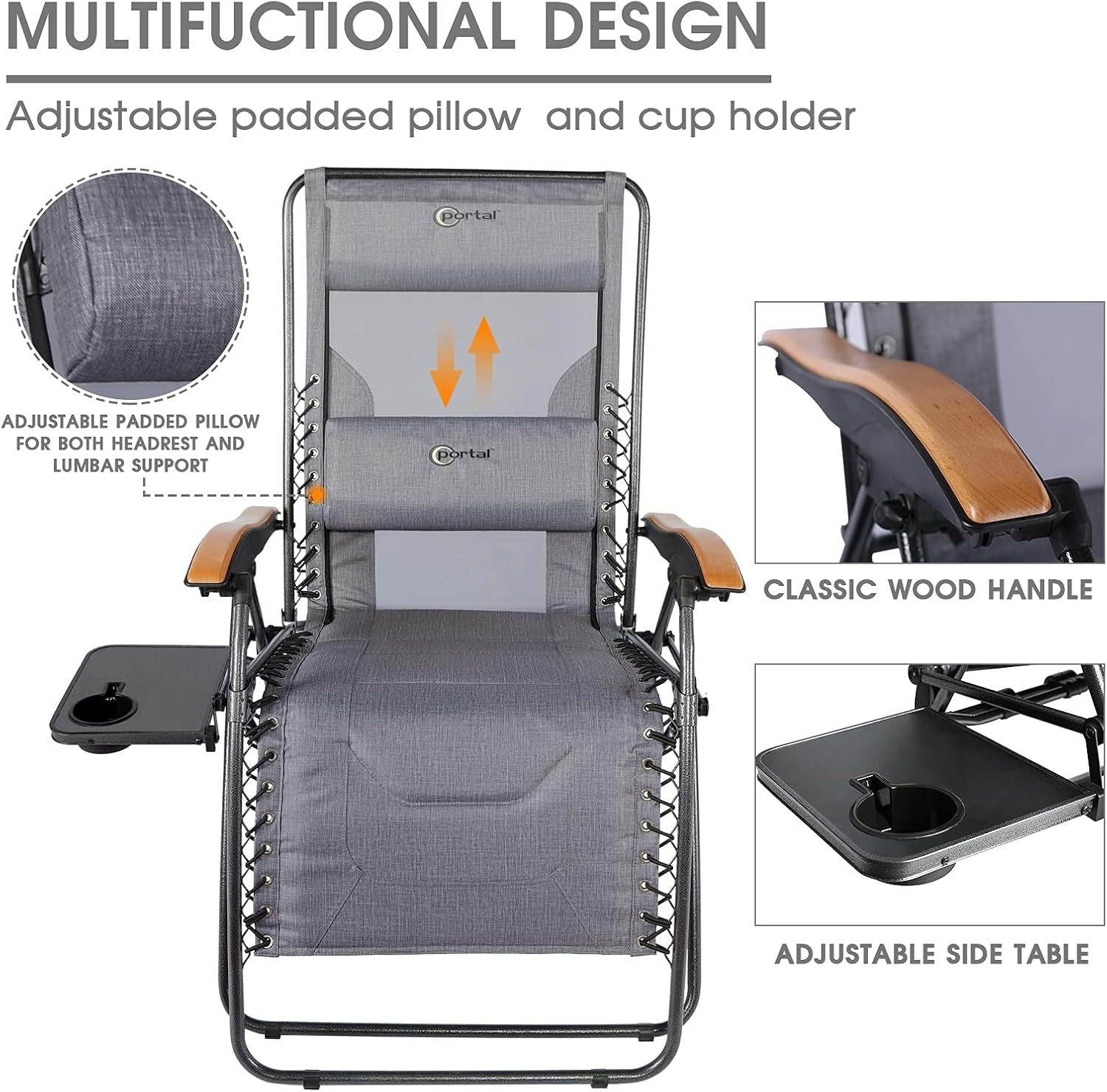image:imagePortal Oversized Mesh Back Zero Gravity Reclining Patio Chairs XL Padded Seat Folding Patio Lounge Chair with Adjustable Pillows and Cup Holder for Poolside BackyardLawn Support 350lbsGrey