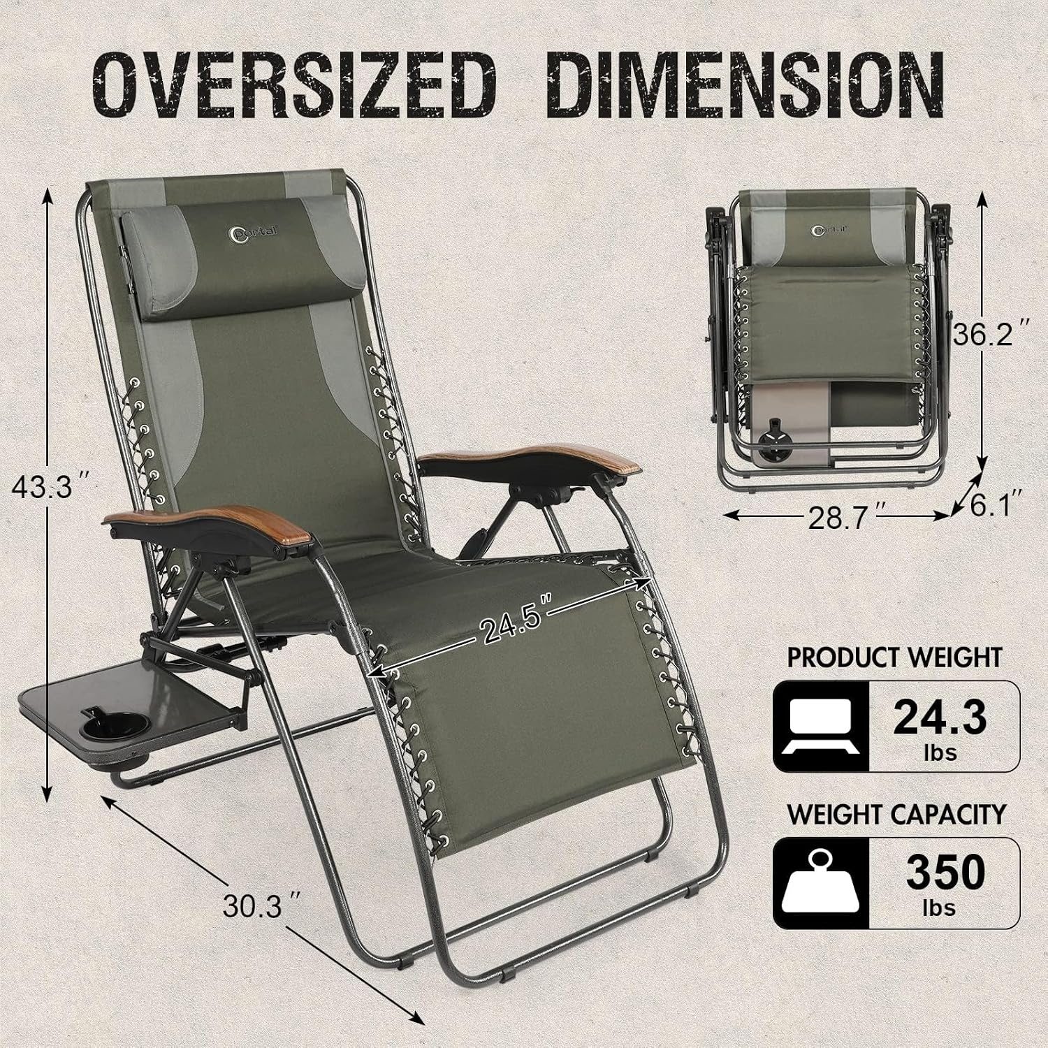 image:imagePortal Oversized Mesh Back Zero Gravity Reclining Patio Chairs XL Padded Seat Folding Patio Lounge Chair with Adjustable Pillows and Cup Holder for Poolside BackyardLawn Support 350lbsGreyGreen