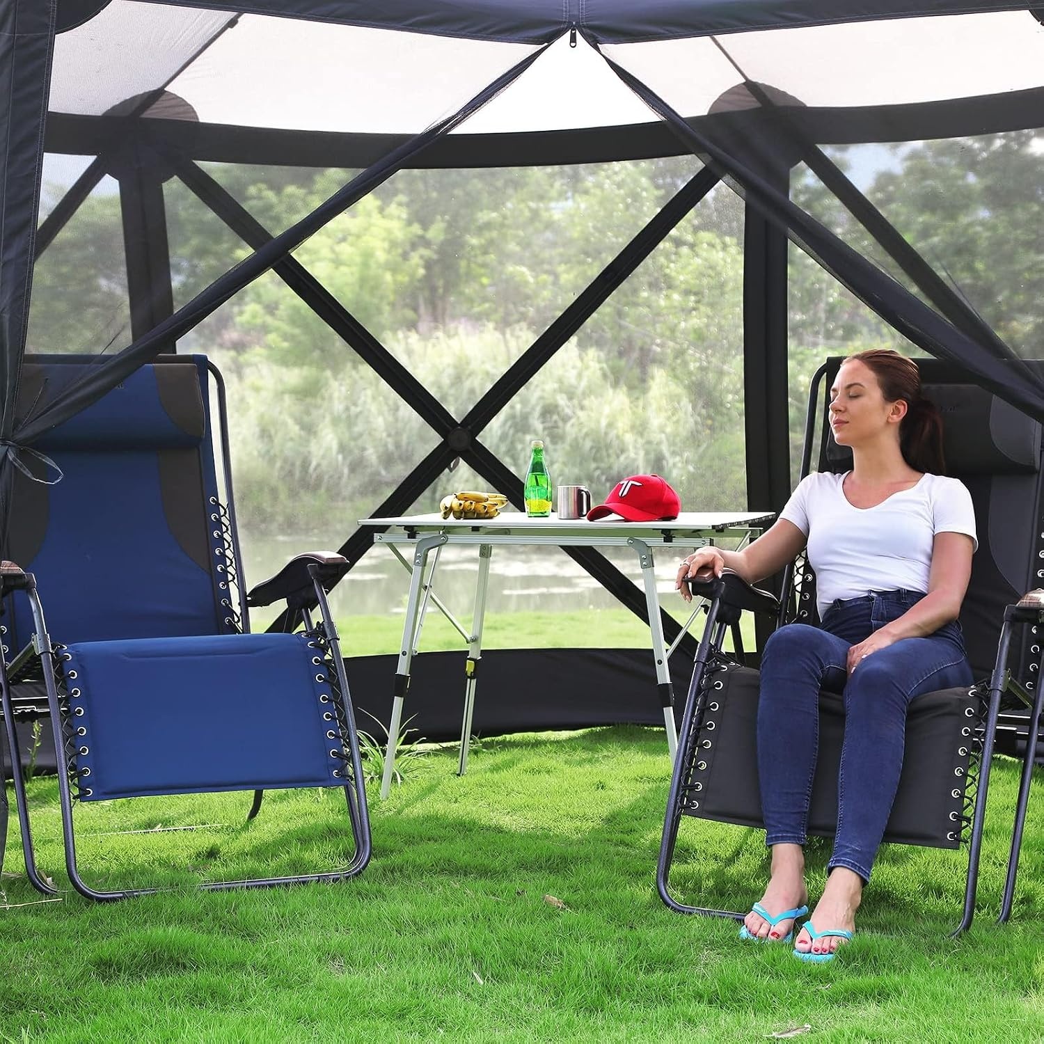 image:imagePortal Oversized Mesh Back Zero Gravity Reclining Patio Chairs XL Padded Seat Folding Patio Lounge Chair with Adjustable Pillows and Cup Holder for Poolside BackyardLawn Support 350lbsGreyBlue