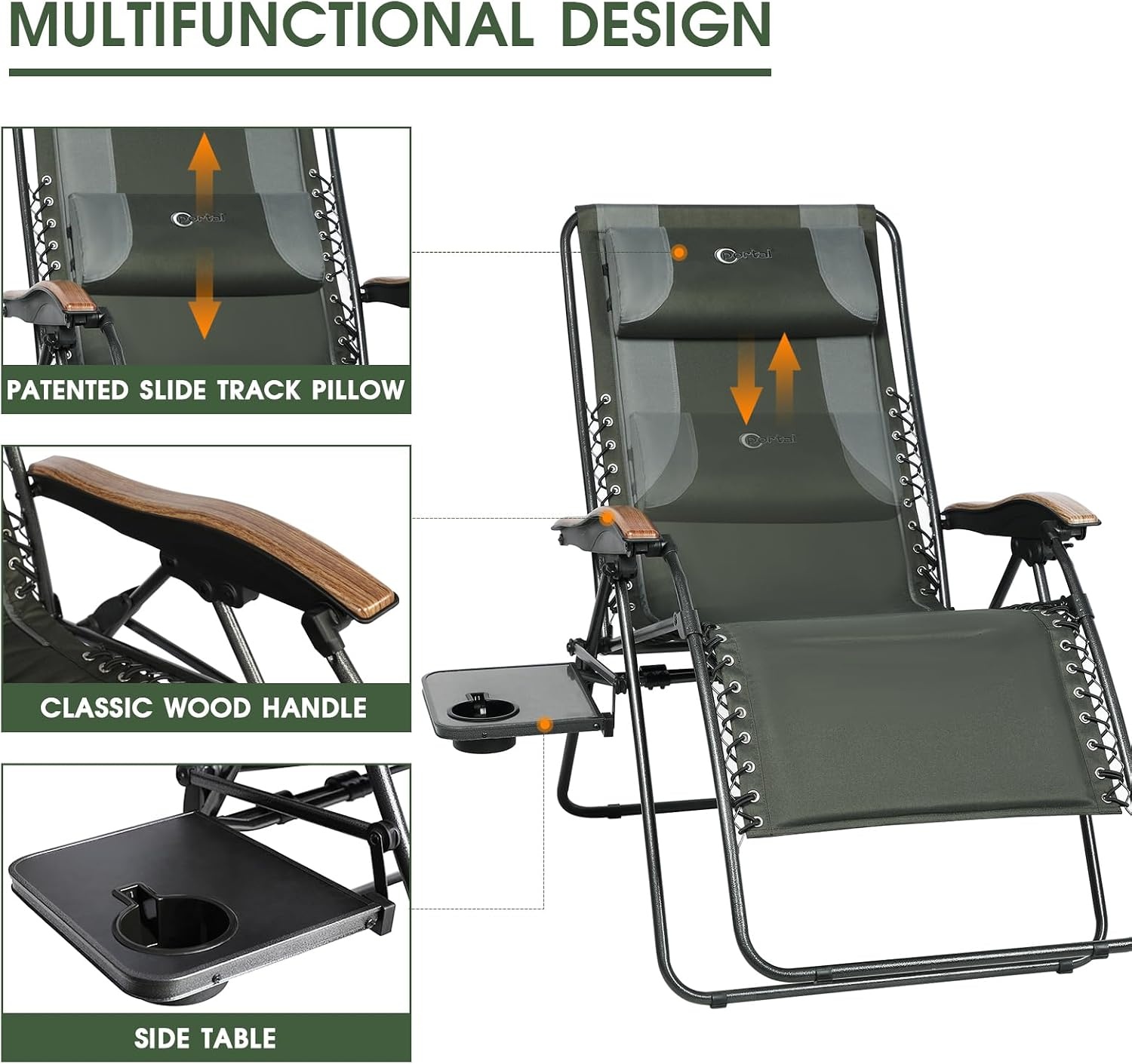 image:imagePortal Oversized Mesh Back Zero Gravity Reclining Patio Chairs XL Padded Seat Folding Patio Lounge Chair with Adjustable Pillows and Cup Holder for Poolside BackyardLawn Support 350lbsGreyGreen