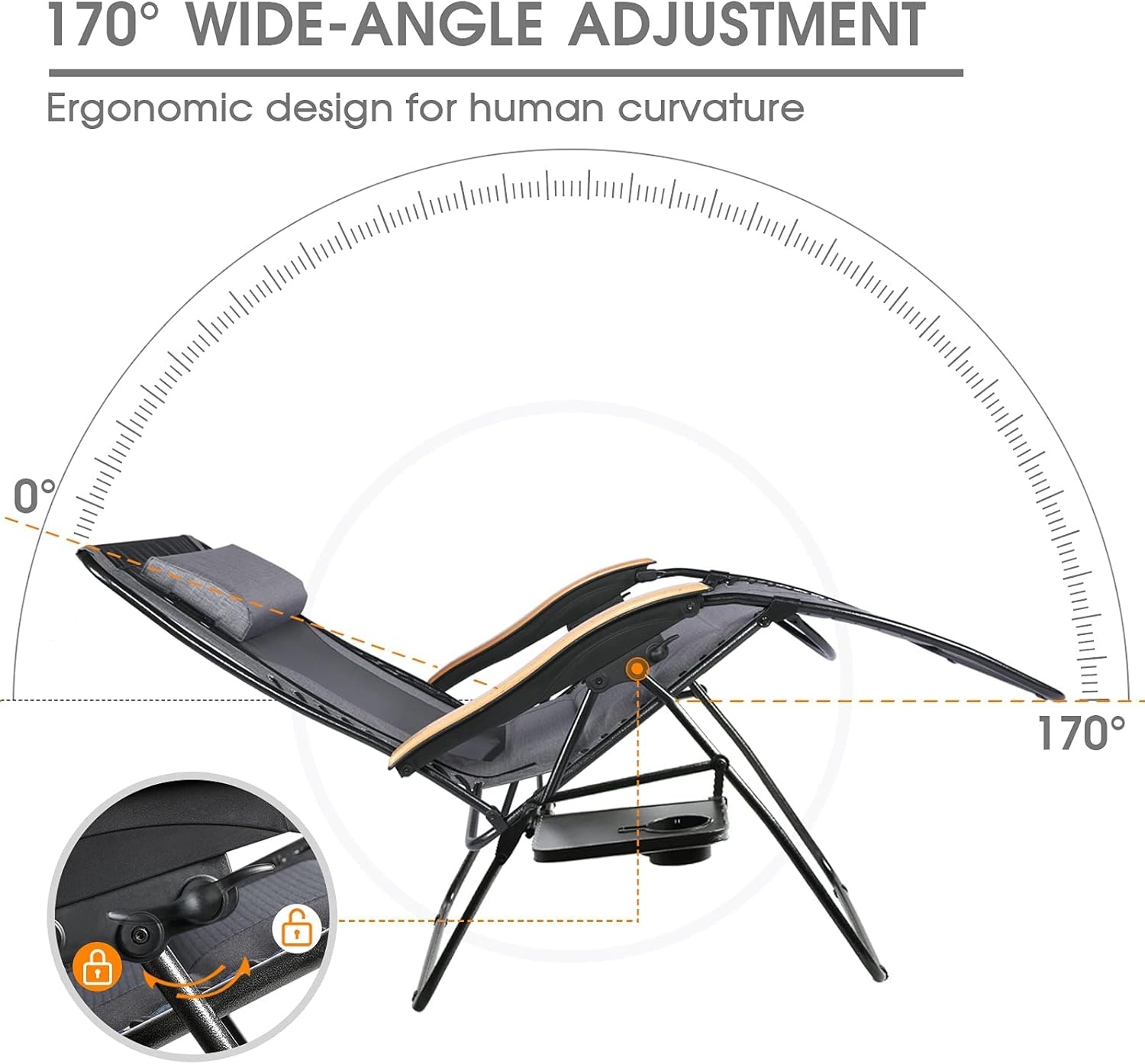 image:imagePortal Oversized Mesh Back Zero Gravity Reclining Patio Chairs XL Padded Seat Folding Patio Lounge Chair with Adjustable Pillows and Cup Holder for Poolside BackyardLawn Support 350lbsGrey