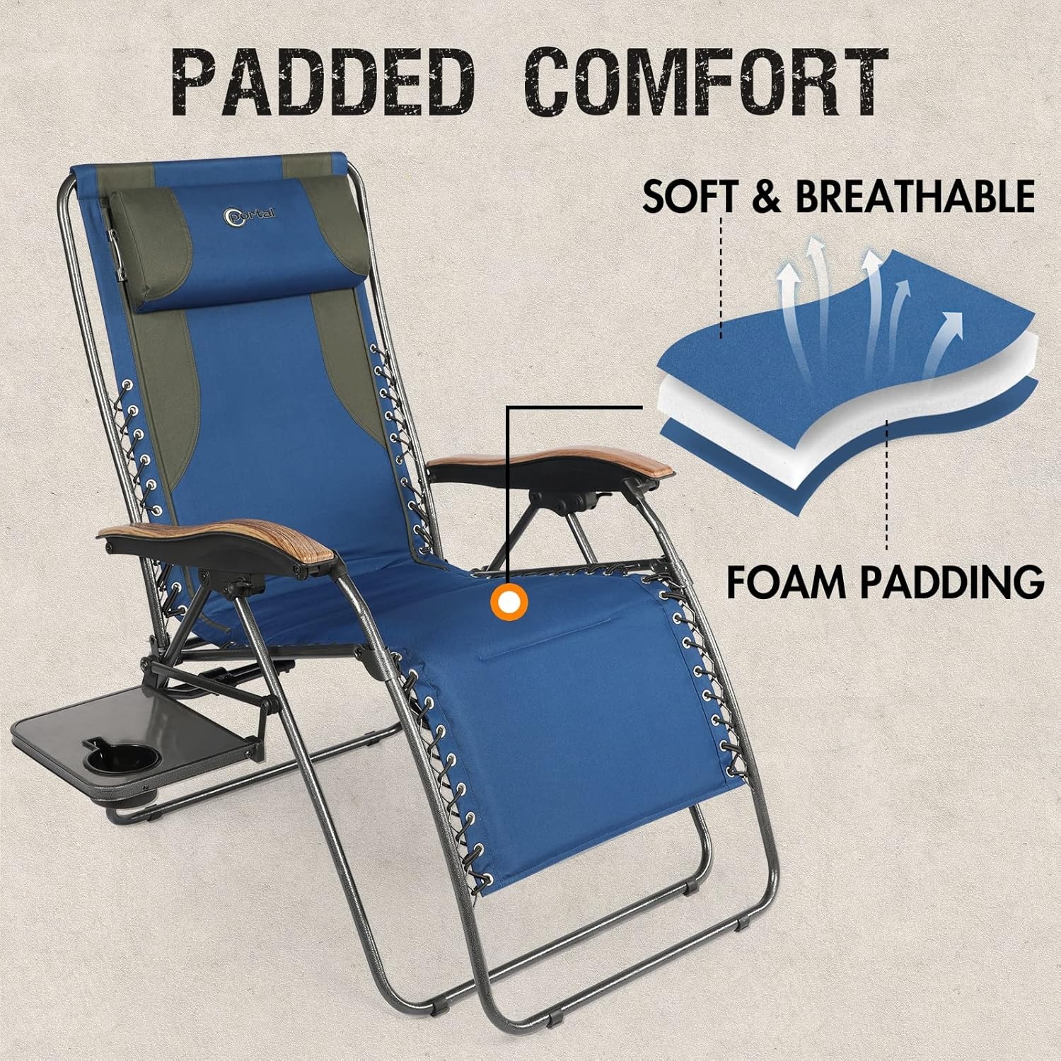 image:imagePortal Oversized Mesh Back Zero Gravity Reclining Patio Chairs XL Padded Seat Folding Patio Lounge Chair with Adjustable Pillows and Cup Holder for Poolside BackyardLawn Support 350lbsGreyBlue
