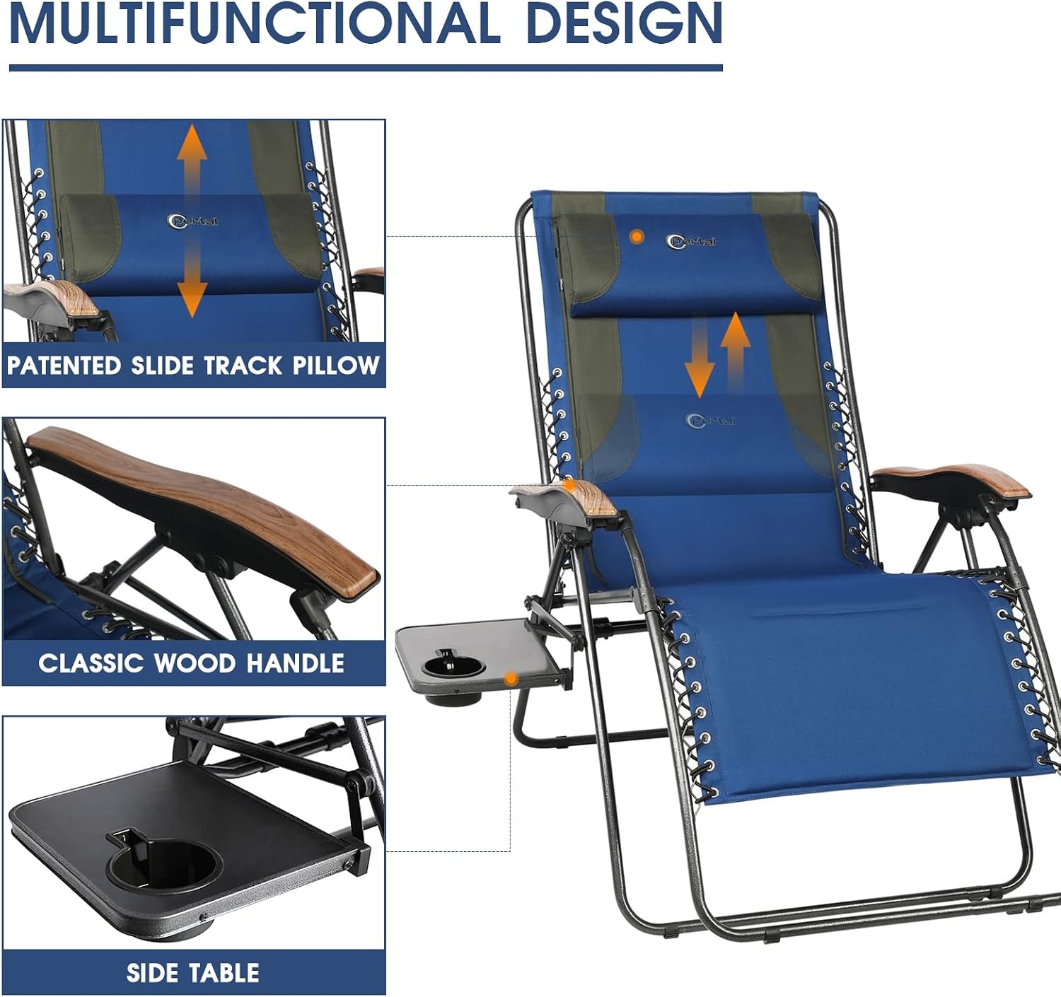 image:imagePortal Oversized Mesh Back Zero Gravity Reclining Patio Chairs XL Padded Seat Folding Patio Lounge Chair with Adjustable Pillows and Cup Holder for Poolside BackyardLawn Support 350lbsGreyBlue