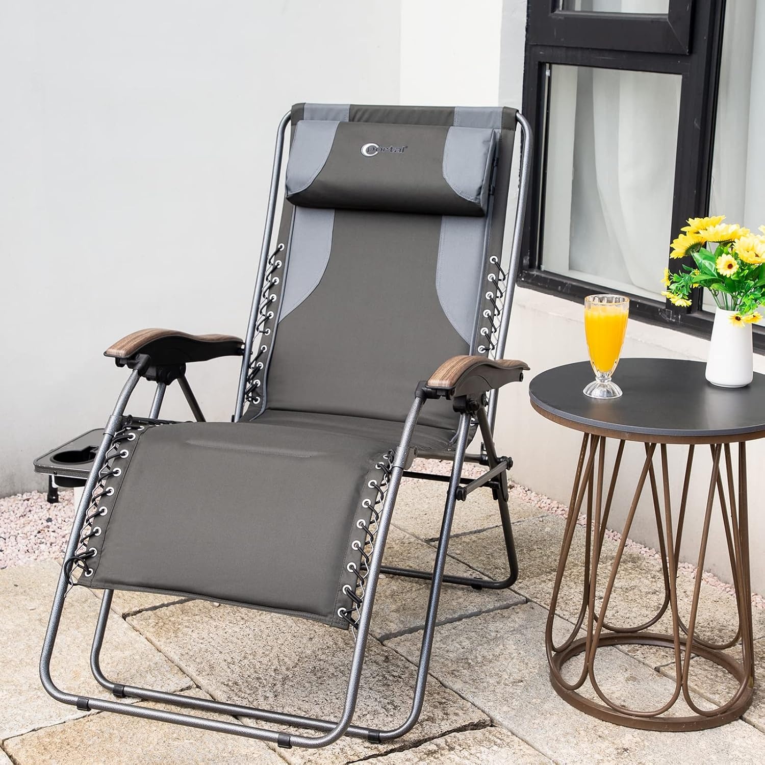 image:imagePortal Oversized Mesh Back Zero Gravity Reclining Patio Chairs XL Padded Seat Folding Patio Lounge Chair with Adjustable Pillows and Cup Holder for Poolside BackyardLawn Support 350lbsGreyGreen