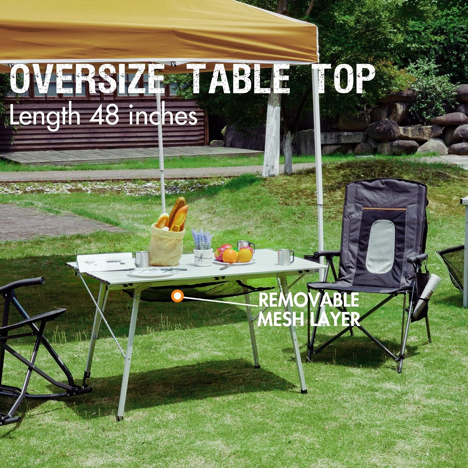 image:imagePortal Portable Camping Table Aluminum Folding Camp Table Roll Up Table with 1 Adjustable Leg Mesh Layer and Carry Bag for Outdoor Picnic Grill Kitchen Silver Large Space 472 x 276 inch
