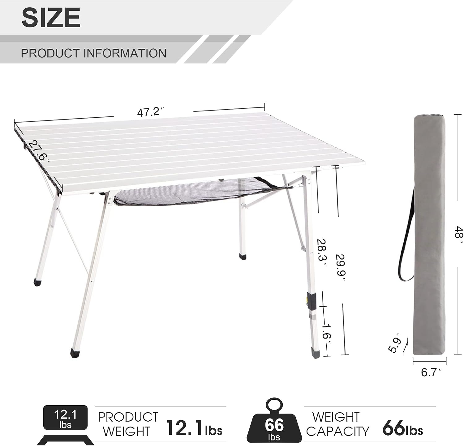image:imagePortal Portable Camping Table Aluminum Folding Camp Table Roll Up Table with 1 Adjustable Leg Mesh Layer and Carry Bag for Outdoor Picnic Grill Kitchen Silver Large Space 472 x 276 inch