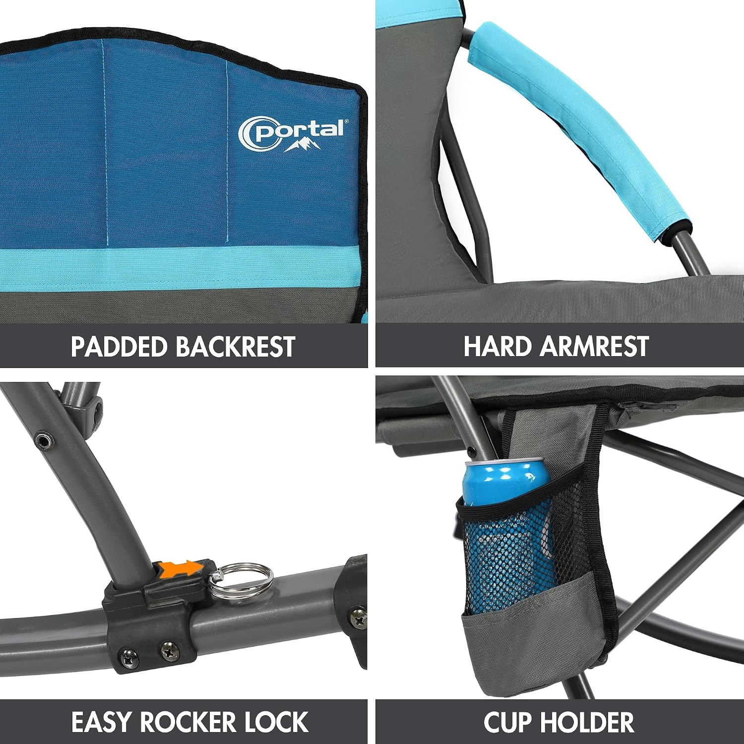 image:imagePortal Rocking Camping Chair Folding Portable Rocker Outdoor with Cup Holder for Patio Lawn Camp RV Support 300 lbs Blue