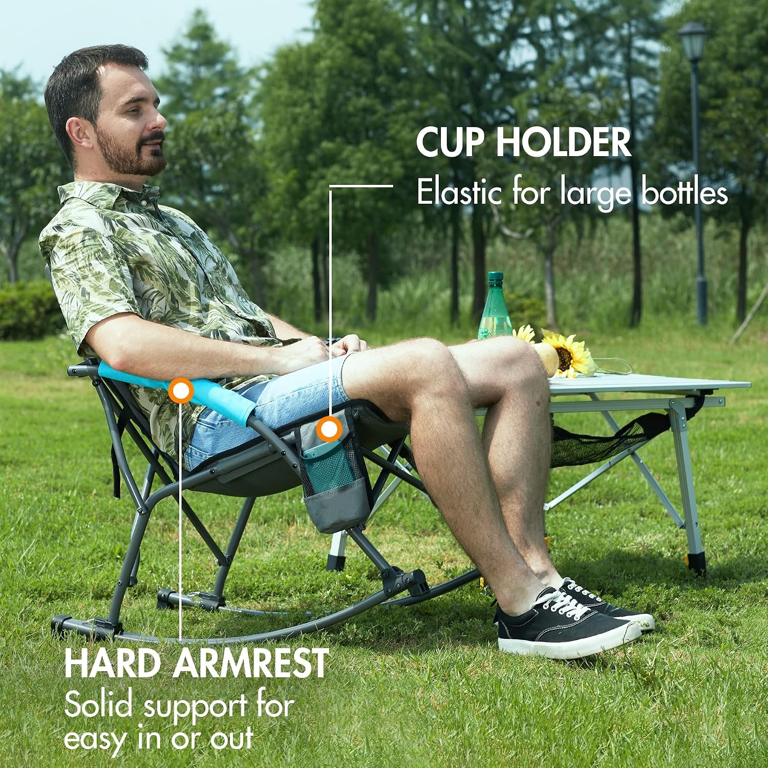 image:imagePortal Rocking Camping Chair Folding Portable Rocker Outdoor with Cup Holder for Patio Lawn Camp RV Support 300 lbs Blue