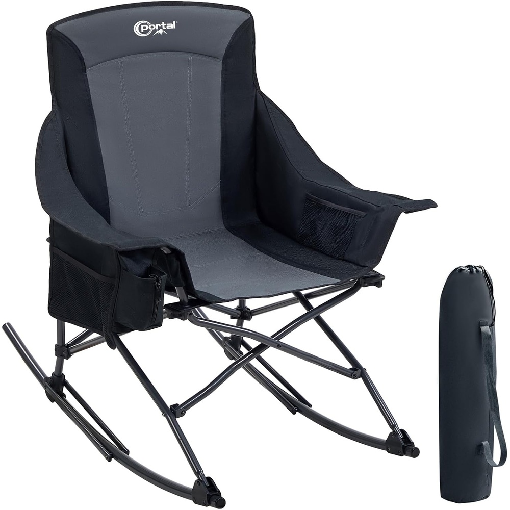 image:imagePortal Camping Rocking Chair Outdoors Folding Portable Rocker with Cup Holder Side Pocket Carry Bag Support 350LBS Black1 Packblackfabric