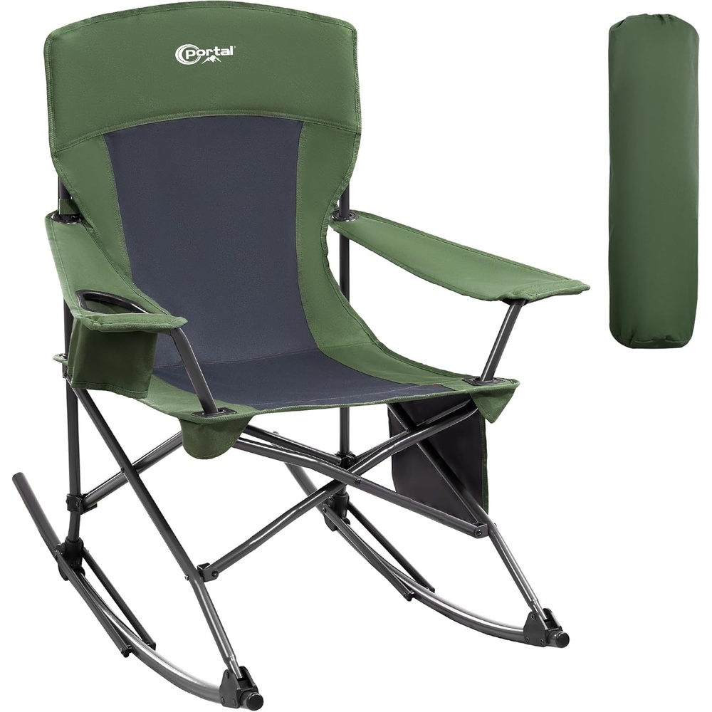 image:imagePortal Camping Rocking Chair Outdoors Folding Portable Rocker with Cup Holder Side Pocket Carry Bag Support 350LBS Black1 Packgreenfabric