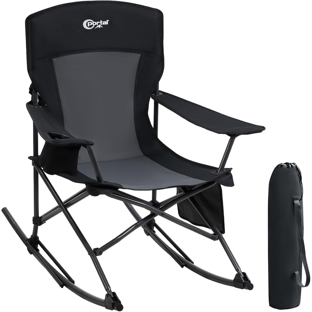image:imagePortal Camping Rocking Chair Outdoors Folding Portable Rocker with Cup Holder Side Pocket Carry Bag Support 350LBS BlackMidnight Black