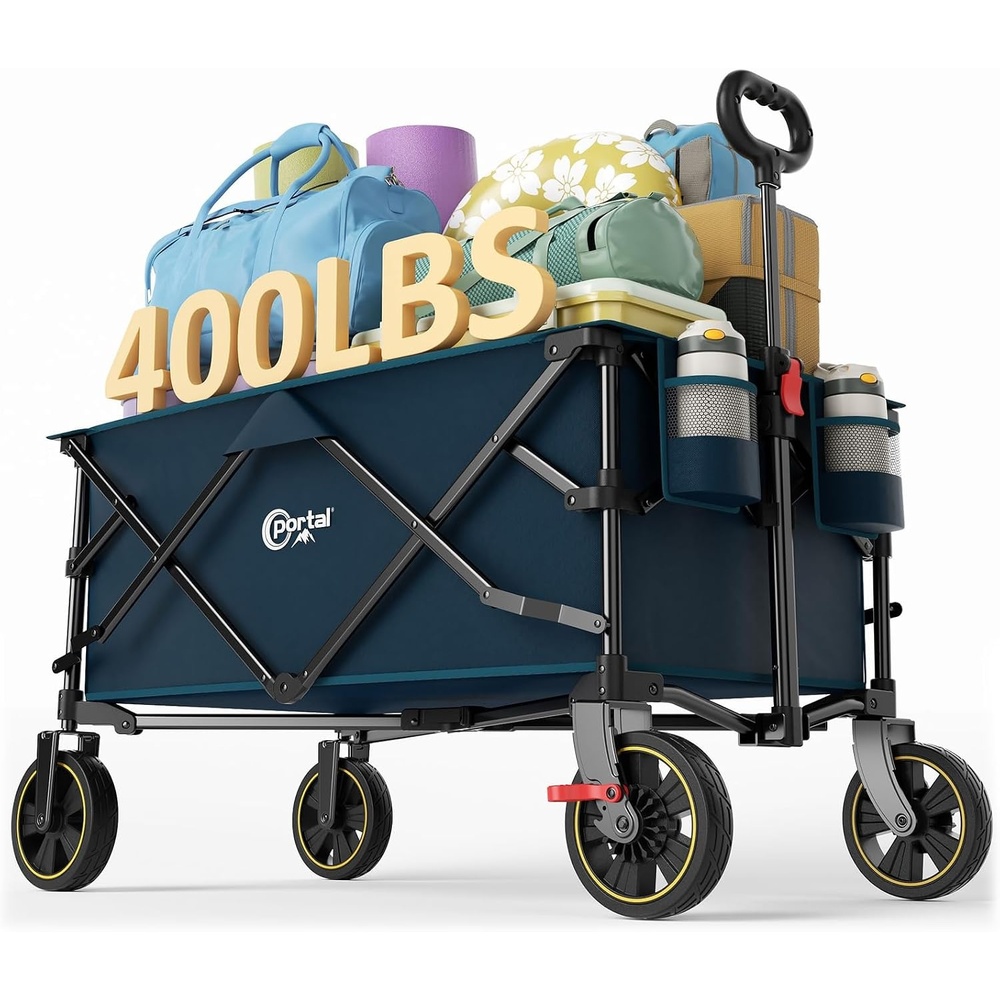 image:imagePortal Collapsible Folding Wagon Cart 400lbs Heavy Duty Foldable Wagons with Wheels amp Brake Utility Grocery carts for Outdoors Camping Shopping Sports Garden Beach BlueBlue