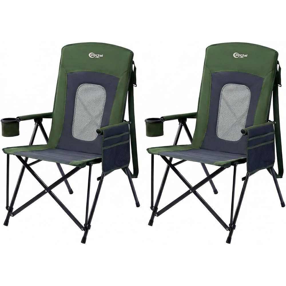 image:imagePortal Oversized Folding High Back Portable Lawn Chairs for Adults Outdoor Camp Sports Hunting Fishing Backyard with Hard Armrest Cup Holder Carrying Strap Supports 400LBS BlueGreen 2 Packs
