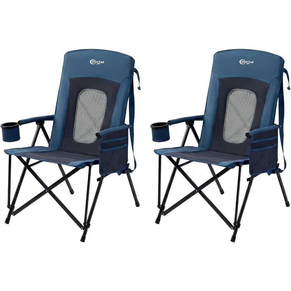 image:imagePortal Oversized Folding High Back Portable Lawn Chairs for Adults Outdoor Camp Sports Hunting Fishing Backyard with Hard Armrest Cup Holder Carrying Strap Supports 400LBS BlueBlue 2 Packs