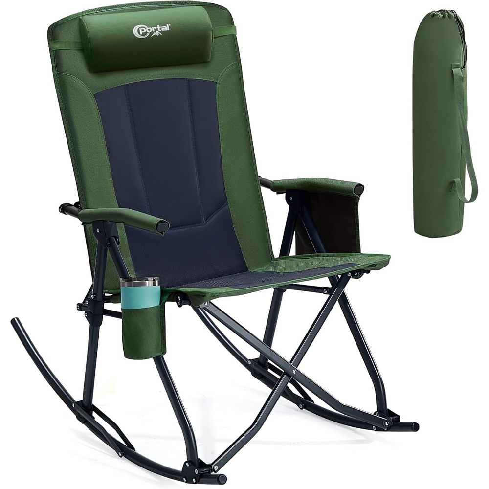 image:imagePortal Oversized Folding Rocking Camping Chair Portable Outdoor Rocker with High Back Hard Armrests Carry Bag Supports 400 lbs1pfabric Green