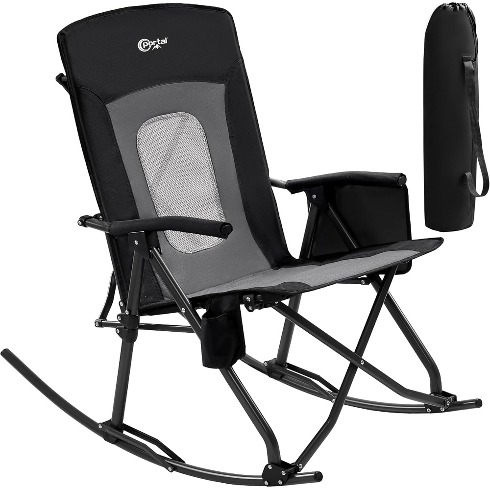 image:imagePortal Oversized Folding Rocking Camping Chair Portable Outdoor Rocker with High Back Hard Armrests Carry Bag Supports 400 lbs1pmesh Black Grey
