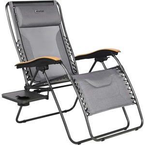 Portal Oversized Mesh Back Zero Gravity Reclining Patio Chairs, XL Padded Seat Folding Patio Lounge Chair with Adjustable Pillows and Cup Holder for Poolside Backyard/Lawn, Support 350lbs(Grey)