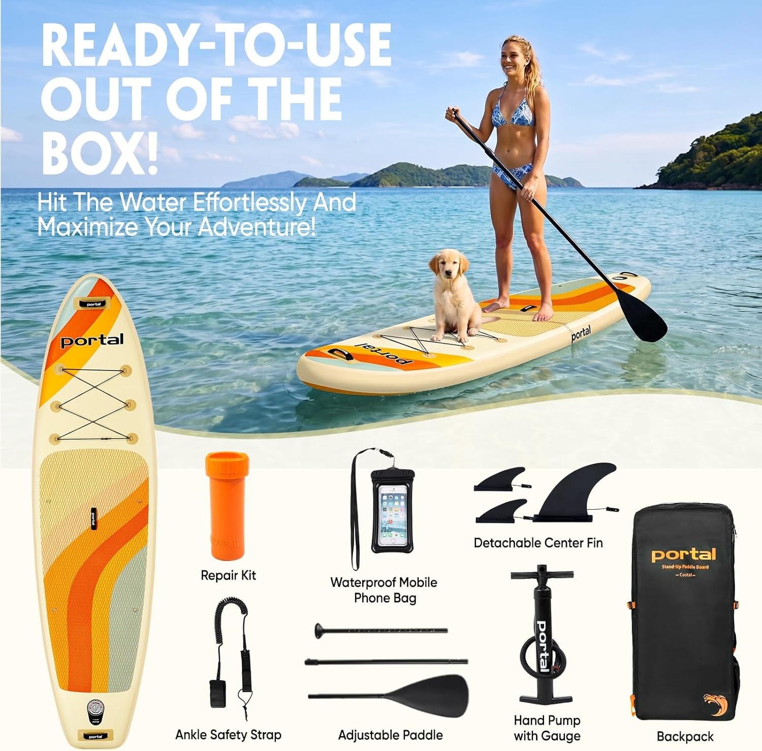 image:imagePORTAL SUP Inflatable Paddle Board for Adults 106 Stand Up PaddleboardNonSlip Deck Blow up Paddle Boards with Adjustable Paddle Carry Bag and Repair Kit10ft Beige
