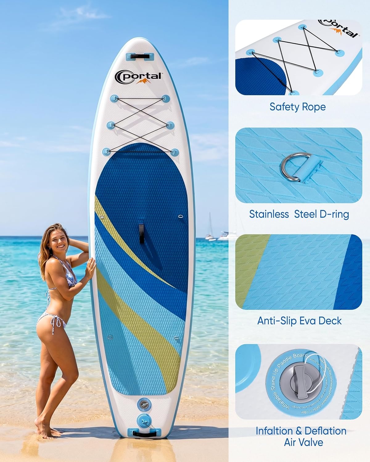 image:imagePORTAL SUP Inflatable Paddle Board for Adults 106 Stand Up PaddleboardNonSlip Deck Blow up Paddle Boards with Adjustable Paddle Carry Bag and Repair KitOcean Blue