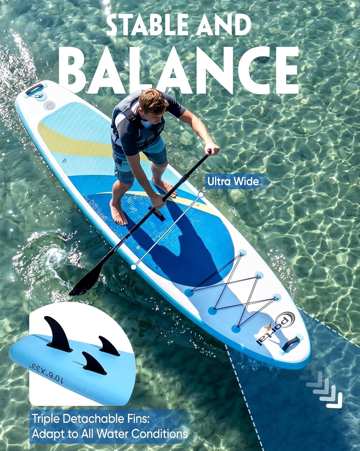 image:imagePORTAL SUP Inflatable Paddle Board for Adults 106 Stand Up PaddleboardNonSlip Deck Blow up Paddle Boards with Adjustable Paddle Carry Bag and Repair KitOcean Blue