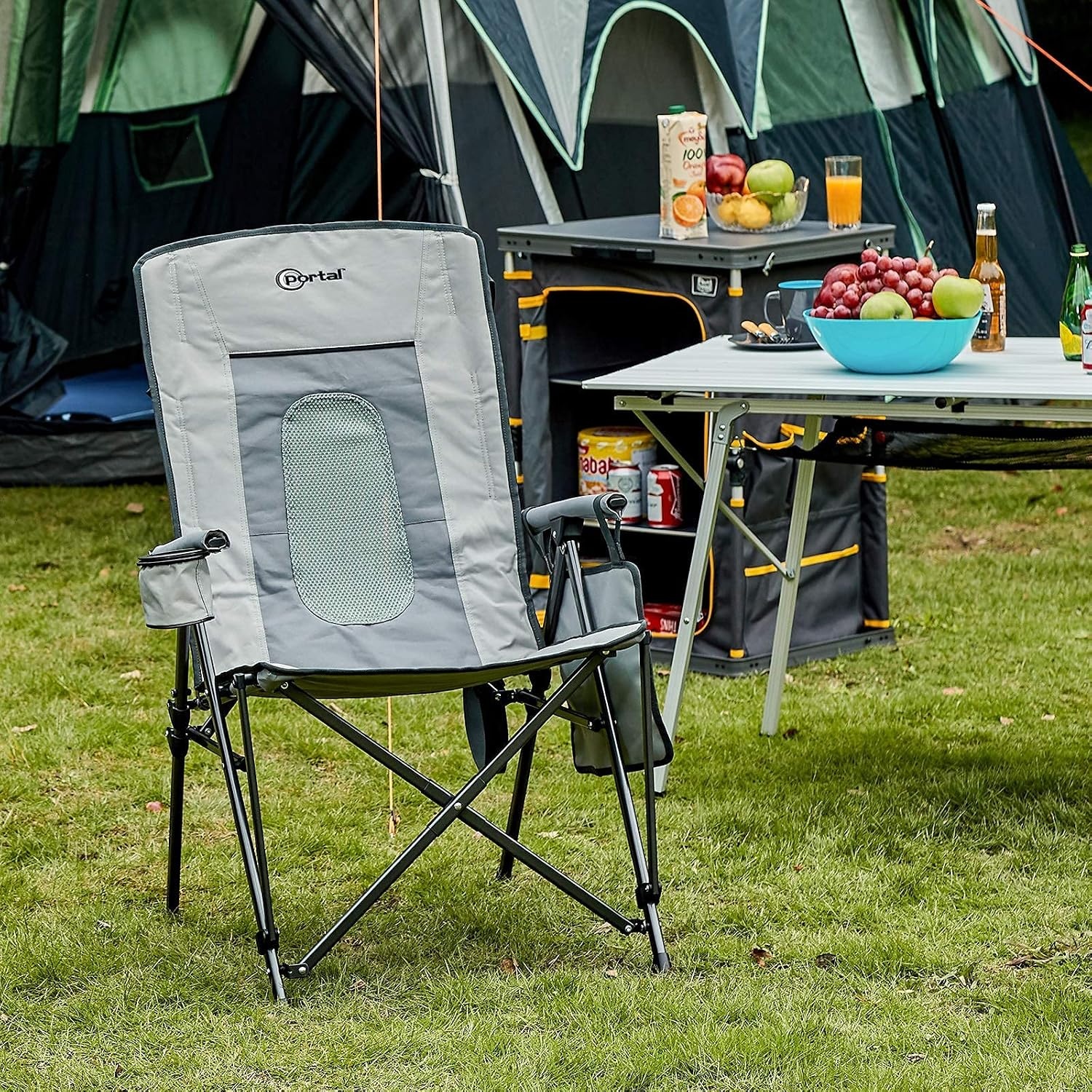 image:imagePortal Oversized Quad Folding Camping Chair High Back Cup Holder Hard Armrest Storage Pockets Carry Bag Included Support 300 lbs Dark Grey
