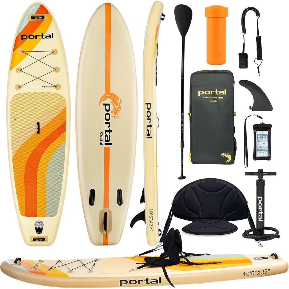 image:imagePORTAL SUP Inflatable Paddle Board for Adults 106 Stand Up PaddleboardNonSlip Deck Blow up Paddle Boards with Adjustable Paddle Carry Bag and Repair KitBeige with Seat