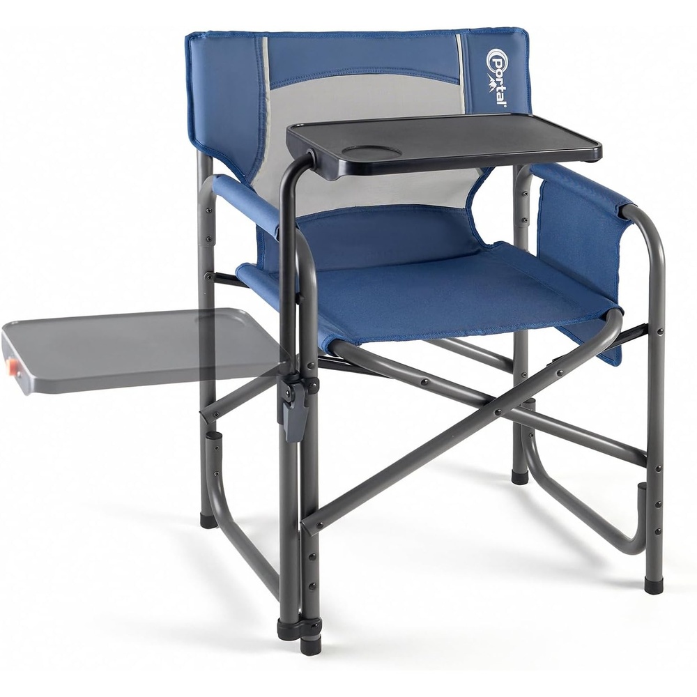 image:imagePortal Folding Director Chair with 2Way Rotating Side Table Heavy Duty 300 lb Camping Chair with Swivel Tray amp Cup Holder Ergonomic Mesh Back Portable Outdoor Seat for RV Tailgating amp Lawn GreyBlue