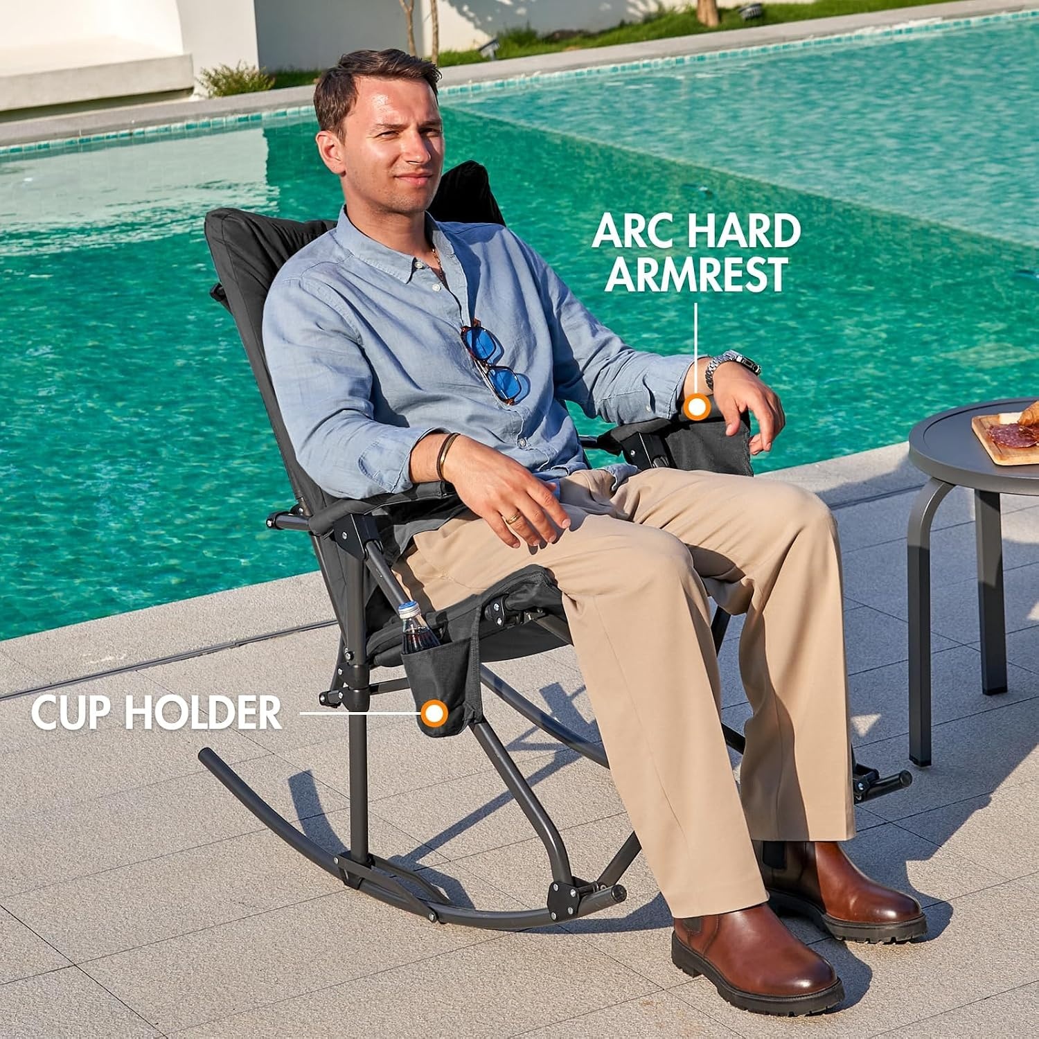 image:imagePortal Thick Padded Folding Rocking Camping Chair Outdoor 400 LBS Folding Rocking Camping Chair Thick Padded Recliner Portable Rocker for Patio Porch Backyard Living RoomBlack