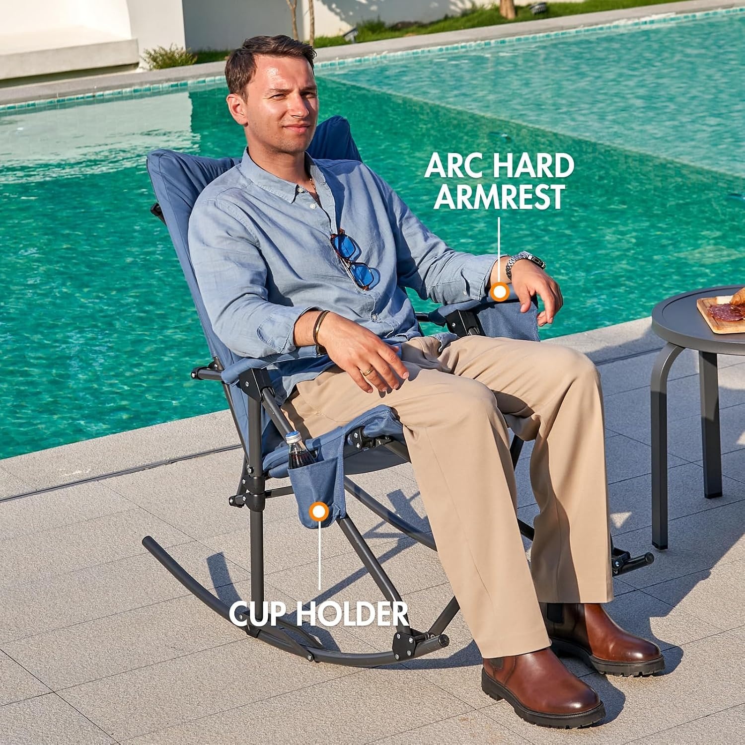image:imagePortal Thick Padded Folding Rocking Camping Chair Outdoor 400 LBS Folding Rocking Camping Chair Thick Padded Recliner Portable Rocker for Patio Porch Backyard Living RoomBlue