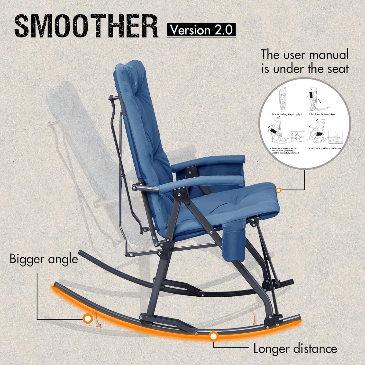 image:imagePortal Thick Padded Folding Rocking Camping Chair Outdoor 400 LBS Folding Rocking Camping Chair Thick Padded Recliner Portable Rocker for Patio Porch Backyard Living Room2 Packblue