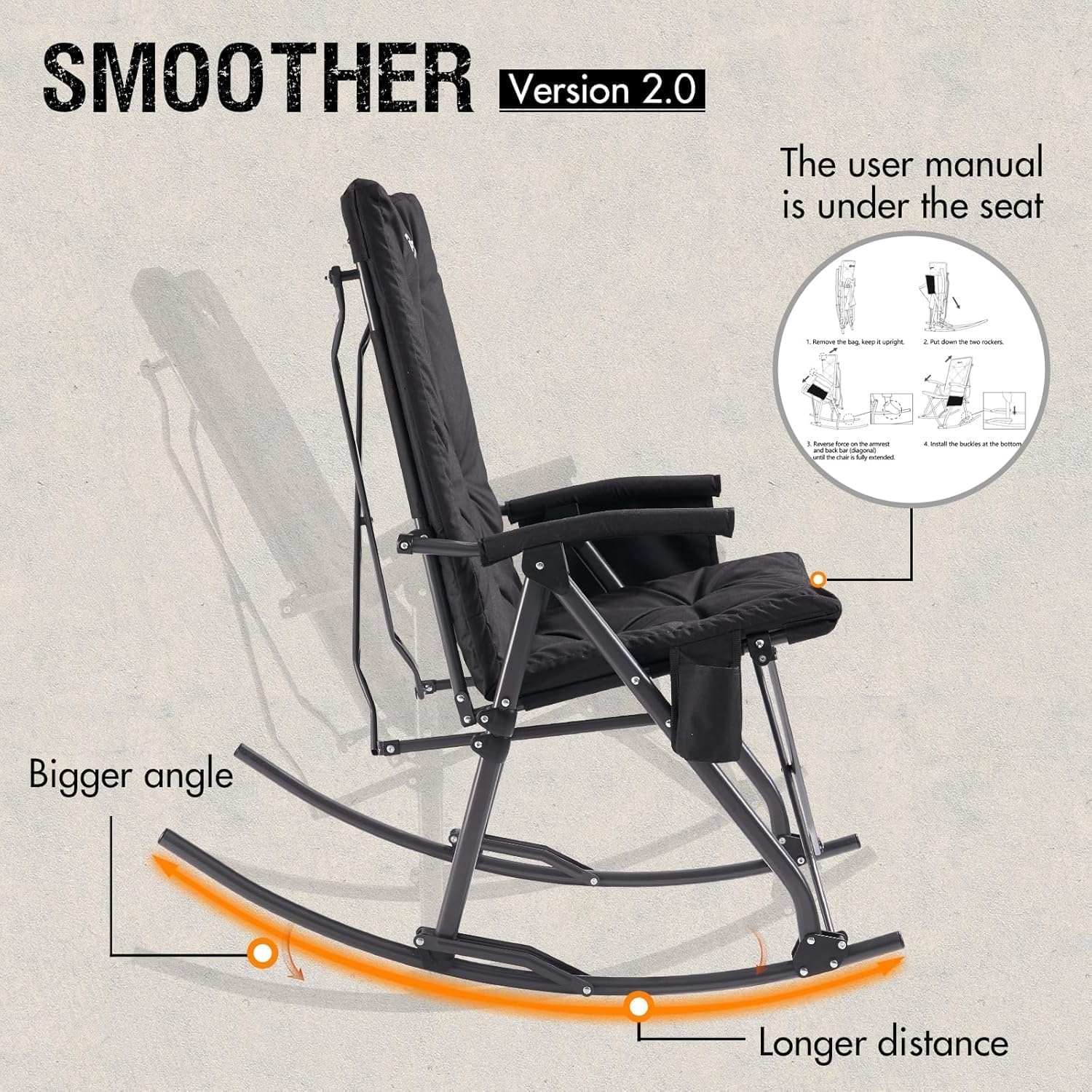 image:imagePortal Thick Padded Folding Rocking Camping Chair Outdoor 400 LBS Folding Rocking Camping Chair Thick Padded Recliner Portable Rocker for Patio Porch Backyard Living Room2 Packblack