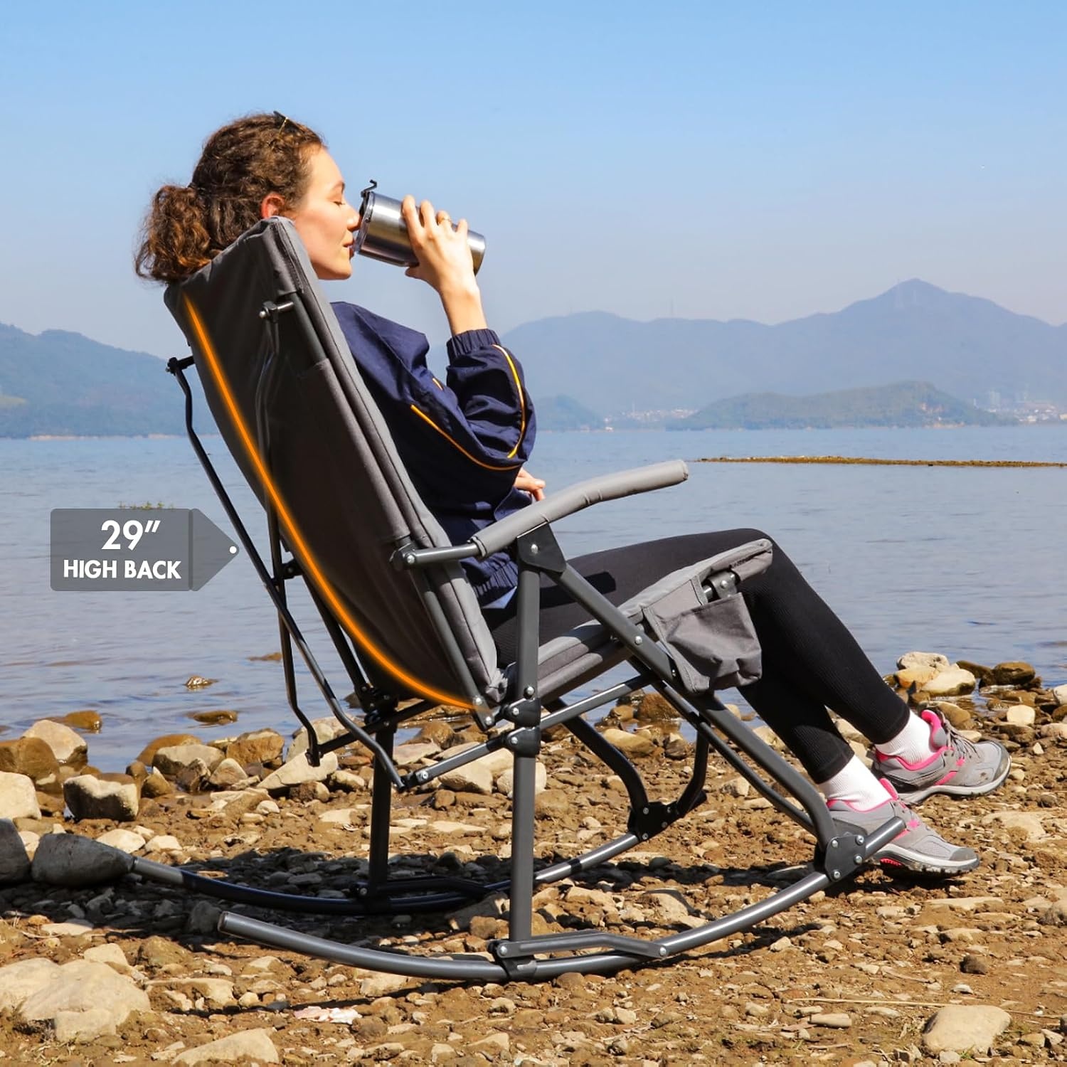 image:imagePortal Thick Padded Folding Rocking Camping Chair Outdoor 400 LBS Folding Rocking Camping Chair Thick Padded Recliner Portable Rocker for Patio Porch Backyard Living RoomDeep Grey02