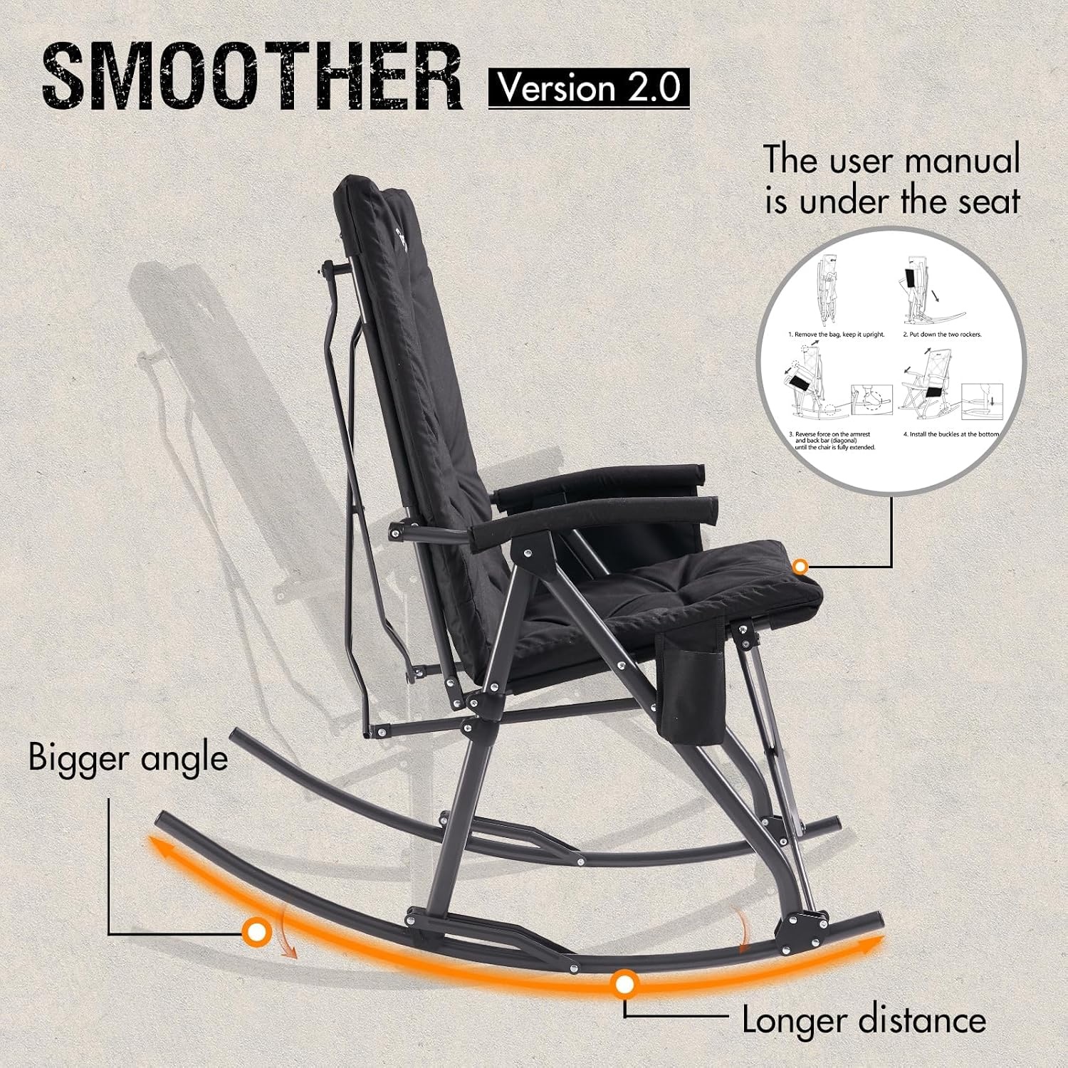 image:imagePortal Thick Padded Folding Rocking Camping Chair Outdoor 400 LBS Folding Rocking Camping Chair Thick Padded Recliner Portable Rocker for Patio Porch Backyard Living RoomBlack