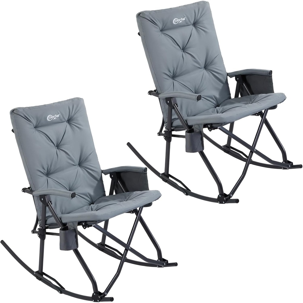 image:imagePortal Thick Padded Folding Rocking Camping Chair Outdoor 400 LBS Folding Rocking Camping Chair Thick Padded Recliner Portable Rocker for Patio Porch Backyard Living Room2 Packgrey