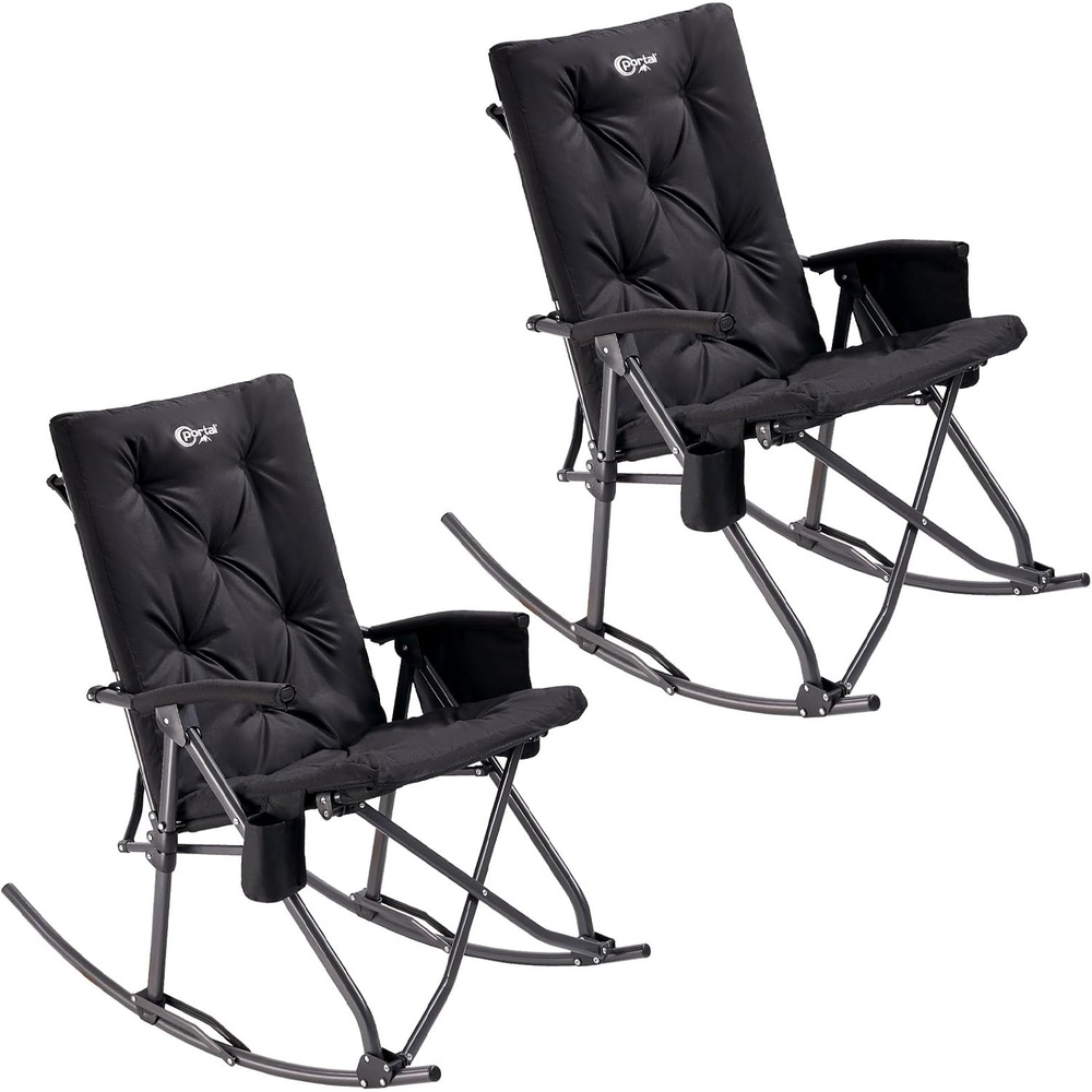 image:imagePortal Thick Padded Folding Rocking Camping Chair Outdoor 400 LBS Folding Rocking Camping Chair Thick Padded Recliner Portable Rocker for Patio Porch Backyard Living Room2 Packblack