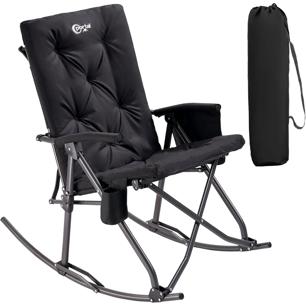 image:imagePortal Thick Padded Folding Rocking Camping Chair Outdoor 400 LBS Folding Rocking Camping Chair Thick Padded Recliner Portable Rocker for Patio Porch Backyard Living RoomBlack