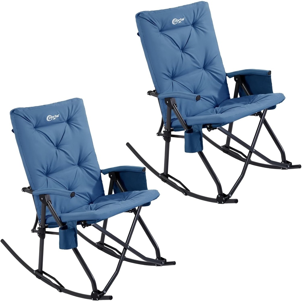 image:imagePortal Thick Padded Folding Rocking Camping Chair Outdoor 400 LBS Folding Rocking Camping Chair Thick Padded Recliner Portable Rocker for Patio Porch Backyard Living Room2 Packblue